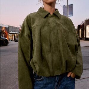 Zara Olive Green Suede-Effect Bomber Jacket
